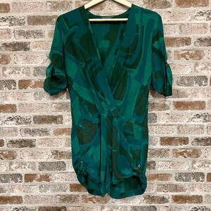 Armani Exchange Silk Romper Green Abstract Print Surplice Neckline Casual Size 4